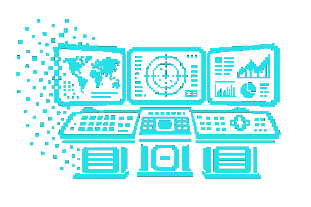 Chunky pixel-art icon of a multi-screen operations command center console.