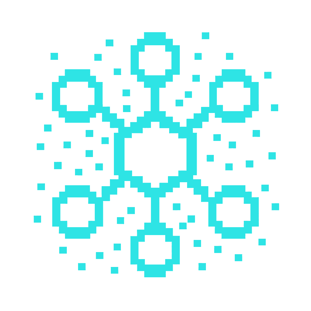 Pixel-art icon depicting an interconnected ontology with nodes and edges dispersing into cyan particles.
