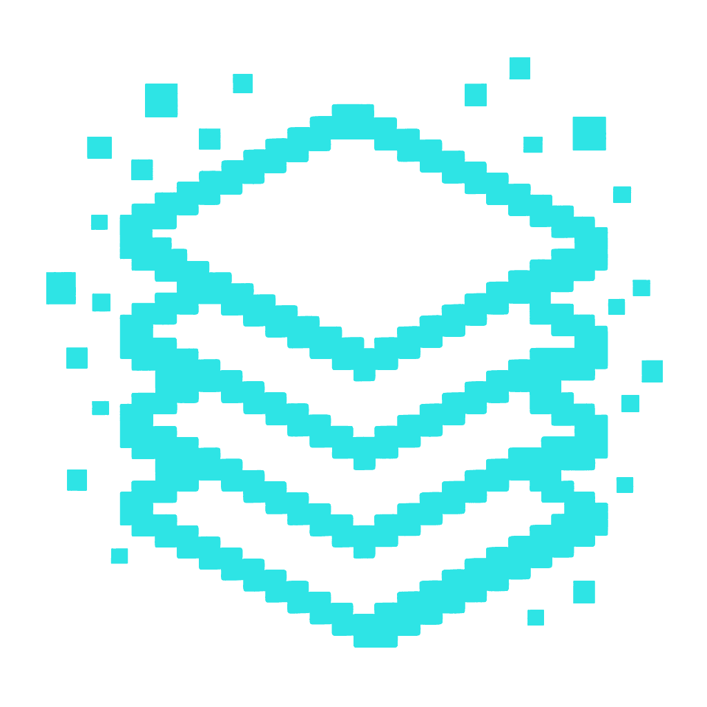 Pixel-art icon depicting a stacked four-layer platform architecture in cyan, with dispersing pixel particles around the edges.