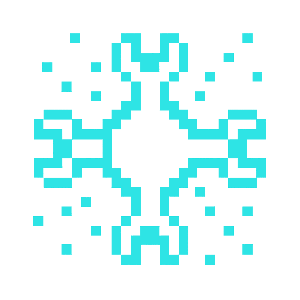 Pixel-art icon depicting an integration hub with connector arms reaching outward, dispersing into cyan particles.