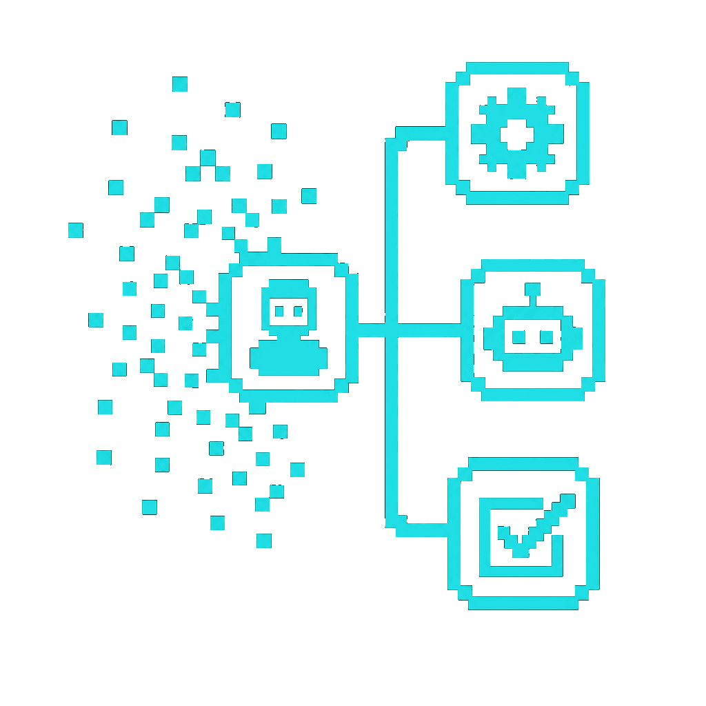 Chunky pixel-art icon of a workflow graph of connected nodes.