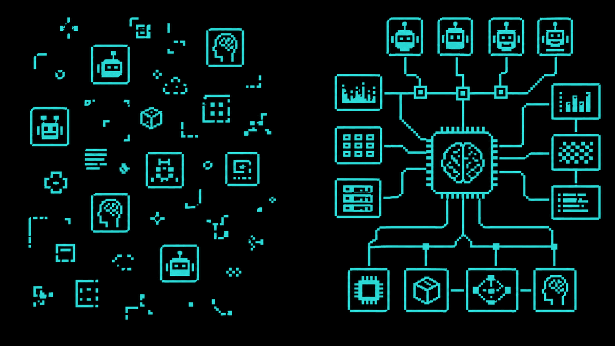 Pixel-art split-screen contrasting scattered disconnected pieces on the left with the same pieces connected into a unified system on the right.