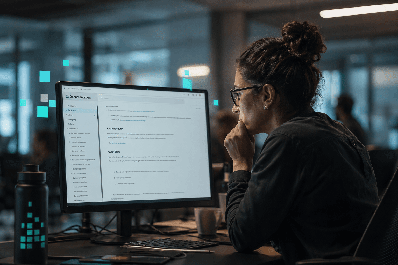 A person at a workspace reviewing documentation on a screen in a real corporate setting.