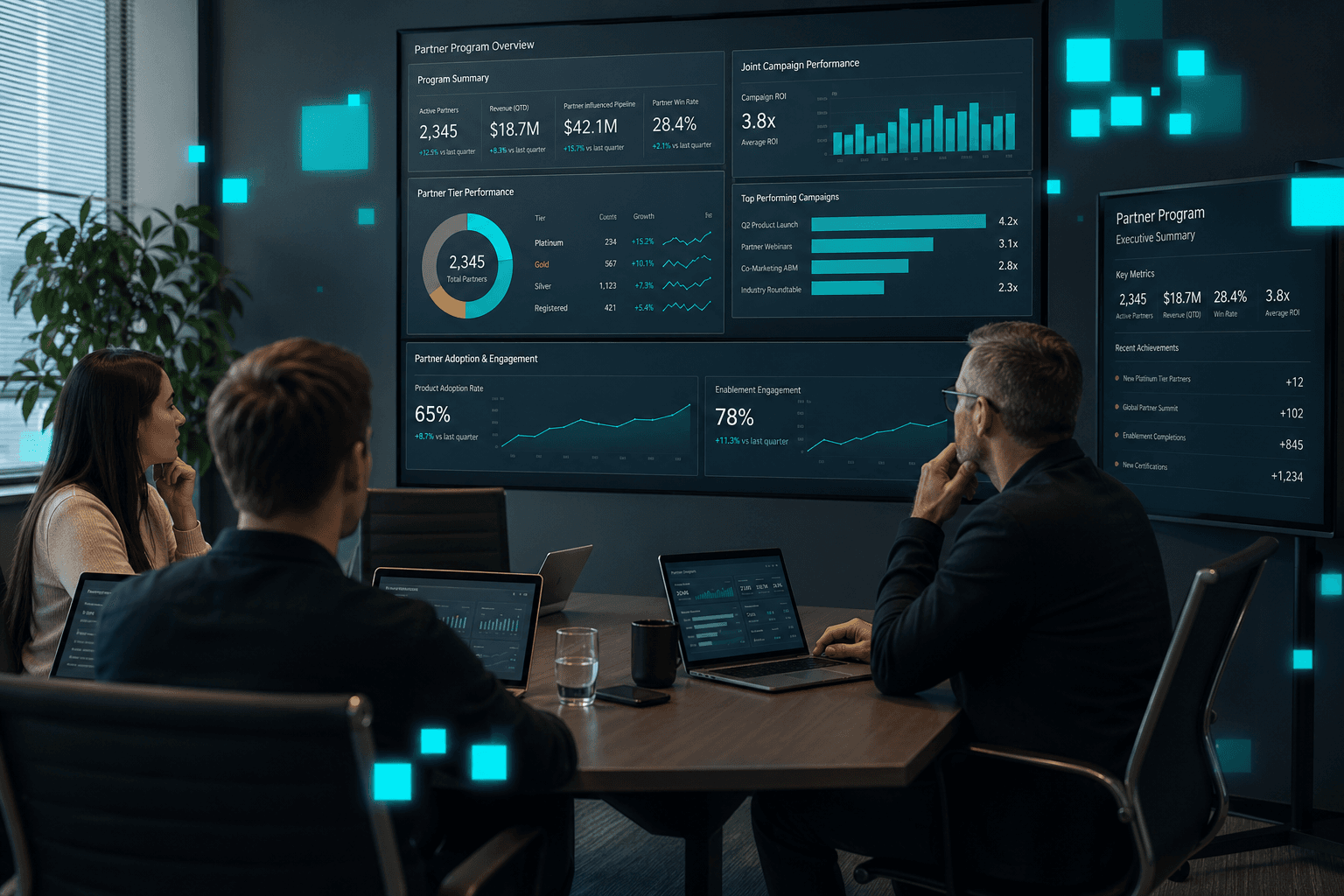 A manufacturer channel team reviewing partner program performance dashboards on multiple displays.