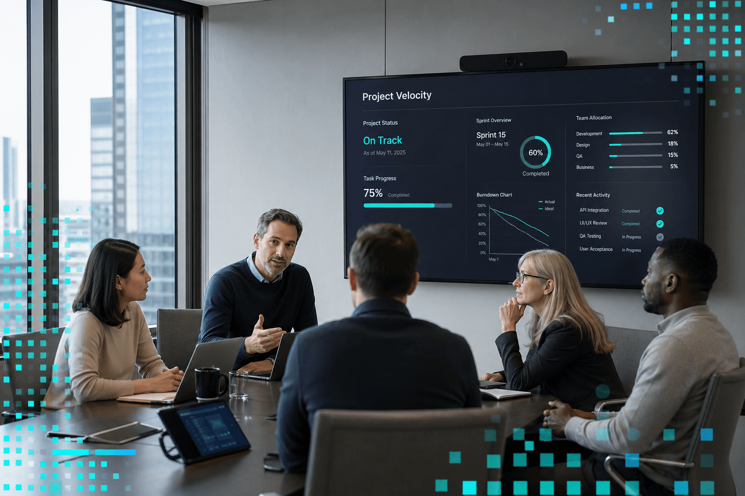 A solution provider team in a client-facing meeting with project status visible on a wall display.
