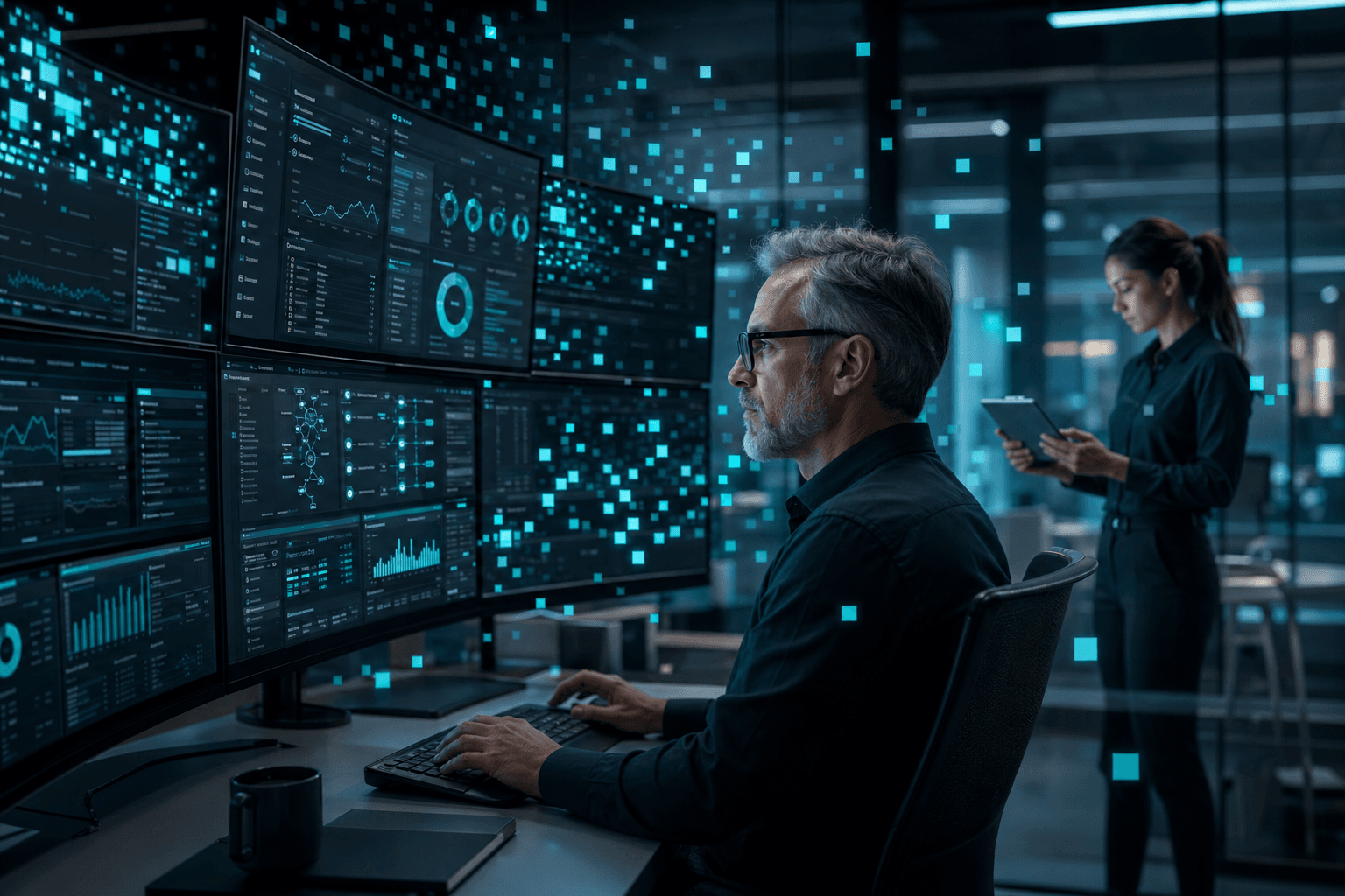 A state-of-the-art operations command center with multiple displays showing dashboards, run consoles, and approval workflows.