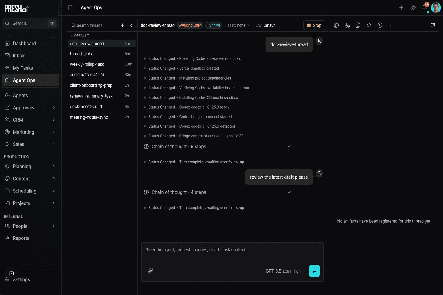 PRESHos Agent Ops view showing the active thread, chain-of-thought timeline, and a sandbox preview panel on the right.