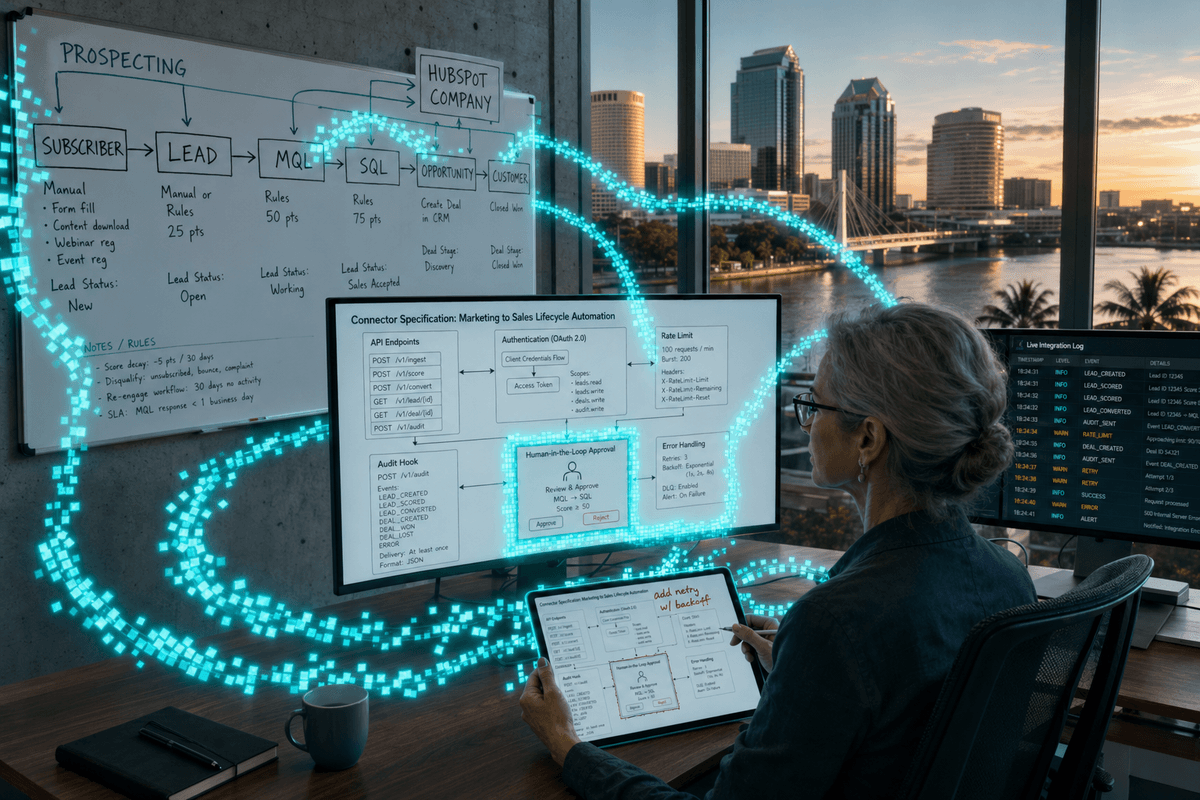 An integration engineer at a Tampa office desk reviews a connector specification on a large monitor while a whiteboard beside her shows a hand-drawn marketing-to-sales lifecycle workflow. Heavy ribbons of cyan pixel data stream between the whiteboard, the spec, and a live integration log.